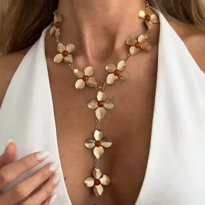 Alloy Gold Flower Long Y Necklace Textured Petals Women Fashion Jewelry Accessories Gift Box Elegant Banquet Style Set