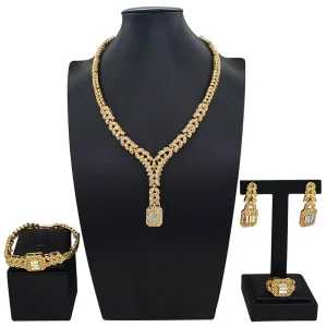 Alloy Gold Plated AB Crystal V Drop 4Pcs Jewelry Set Necklace Earrings Bracelet Ring Banquet Women Jewellery HB03414