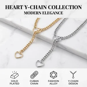 Alloy Gold Plated Luxury O Ring Slip Round Cuban Chain Heart Shaped Y Chain Necklace Classic Party
