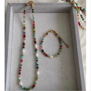 Alloy Gold Plated Necklace with Natural Stone and Freshwater Pearl Beads Chain