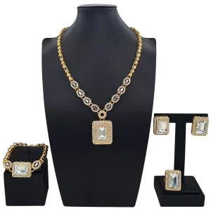 Alloy Gold Plated Rectangle Cubic Zirconia Pendant 4Pcs Jewelry Set Women Evening Wedding Party Jewellery HB03214