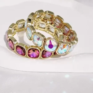 Alloy Gold Plated Stretchable Colorful Glass Bracelet Elastic Cuff Geometric Bracelet for Women