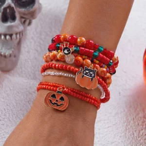 Alloy Halloween Multi Stackable Bracelet Set Pumpkin Ghost Spider Charm Fashion Jewelry Beaded Bracelet Set Gift