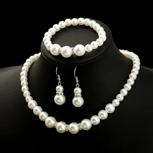 Alloy Handmade Abs Imitation Pearl Necklace Earrings Bracelet Three Piece Set Gift for Women