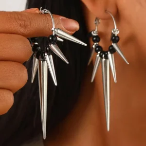 Alloy Instagram style Punk Y2K Four pointed Star Drop Earrings Dark Gothic inspired Studded Hoops Hip hop Rock Street wear Ear
