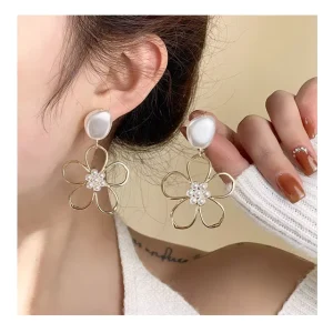 Alloy Jewelry Earrings Simple Pearl Hollow Gold Plated Classic Flower Earrings
