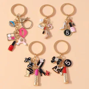 Alloy Lipstick Shape Pendant Keyring Fashion Design Cute Digital Hair Dryer Bow Digital Lip Bag Pendant Charm Girl Gift Keychain