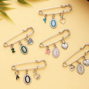 Alloy Metal Craft Safety Brooch Virgin Mary Rhinestone Frame Letter Heart Cross Charms Clothing Decor Lapel Ornament