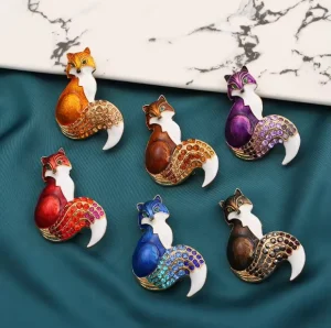 Alloy Rhinestone Fox Brooch Unisex Colorful Enamel Animal Lapel Pin Engagement Party Fashion Accessory for Coat Dress Scarf Bag
