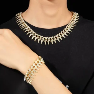Alloy Spike Cuban Link Chain Necklace Bracelet Set Diamond Inlaid Gold For Men Women Hip Hop Jewelry Fashion Accessories Gift