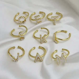 Alphabet Gold Plated Adjustable Ring Copper Pearl Micro Paved Letters Rings Fashionable Jewelry