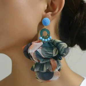 Amelia Vintage Handmade Fabric Flower Exaggerated Long Tassel Western Earrings for Women Suitable for Daily Vacation Wear