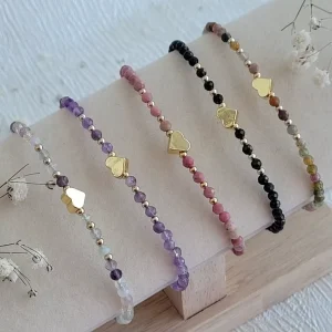 Amethyst Beaded Ball Crystal Bracelets with Heart Charms 14K Gold Plated
