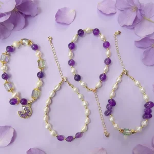 Amethyst Bracelet Healing Crystal Beaded Bracelet with Natural Freshwater Pearl Handmade Gold Plated Stone Bracelets for Women