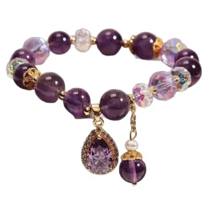 Amethyst Bracelet with Teardrop Clover Charm Crystal Beaded Bracelet for Daily Wear Elegant Jewelry Gift for Women Birthday