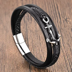 Anchor Black Leather Rope Cowhide Men’s Double-Layer Stainless Steel Genuine Woven Bracelet Handmade Multi-Layer