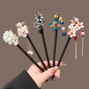 Ancient Chinese Style Exquisite Wooden Flower Tassel Hairpin Elegant Girl Costume Flower Hair Sticks Accessories