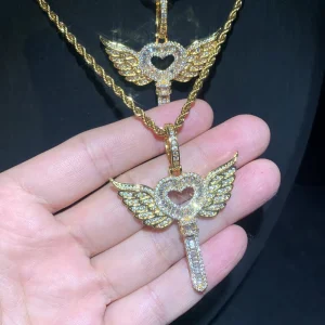 Angel Wing Cross Pendant Necklace with CZ Stones for Hip Hop Jewelry