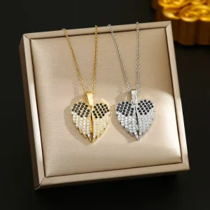 Angel Wings Heart Shaped Crystal Stones Stainless Steel Link Chain Pendant Necklace for Women