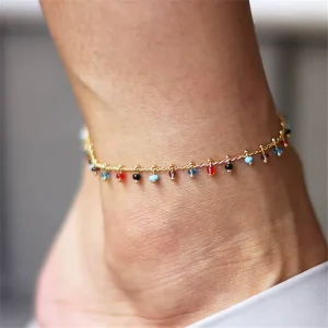 Anklet Colorful Rice Beads Tassel Pendant Foot Ornament Handmade Gold Chain