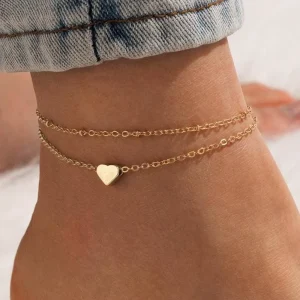 Anklet S925 Sterling Silver Double Layer Chain Heart Shaped Pendant Women
