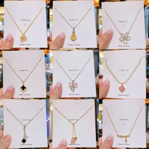 Anti Tarnish Crystal Bow Necklace Trendy Dainty Flower Pendant Necklace Fashion Jewelry for Women