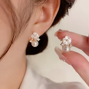 Anti Tarnish Thick 14K Real Gold Plated Copper Base Shell Flower Pearl Studs S925 Sterling Silver Post Earrings for Her