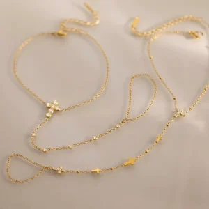 Anti Tarnish Waterproof 18K Gold Plated 316L Stainless Steel Sparkling Cross CZ Dainty Boho Hand Chain Bracelet