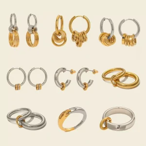 Anti Tarnish Waterproof Unique Earrings Rings Two Tone Gold Silver Stainless Steel Statement Trendy Jewelry for Women