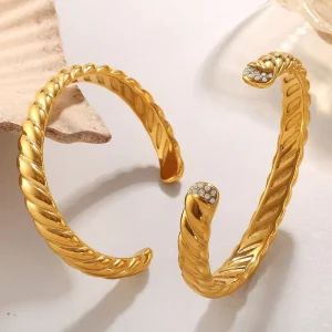 Anti-rust Fashion Twisted Texture Open Bangle With Rhinestone Inlay 18K Gold Plated Stainless Steel Wrist Jewelry for Party