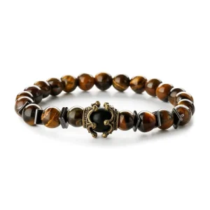 Antique Crown Blue Tiger Eye Stone Beaded Yoga Bracelet Natural Elasticity Classic Style Men Women Gift