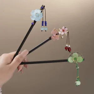 Antique Imitation Hetian Jade Petals Tassel Retro Ebony Hairpin for Girls Ancient Costume Chinese Clothing Accessories