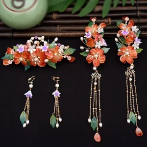 Antique Orange & Purple Lily Side Clip Hair Accessories Tang Dynasty Ming Light Luxury Orchid Hair Crown Full Set