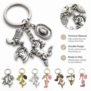 Antique Silver Gold Enamel Western Cowboy Hat Boots Horse Zinc Alloy Keychain Pendant Charm Creative Gift Bag Accessory
