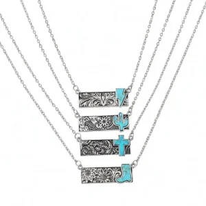 Antique Silver Western Cowboy Pendant Necklace Vintage Turquoise Stone Carved Flower Women’s Link Chain