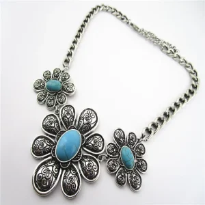 Antique Turquoise Beads Necklace Bohemian Style Link Chain Costume Fashion Jewelry Main Material Alloy