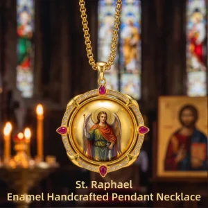Archangel Raphael Enamel Necklace Hand Painted Catholic Healing and Safe Travel Amulet 18K Gold Brass