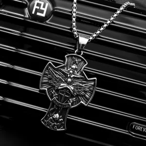 Archangel Saint Michael Pendant Necklace Classic Cross Design Titanium Steel Neck Jewelry