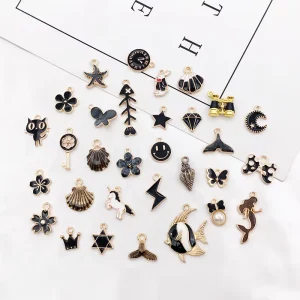 Assorted Animal and Flower Charms Black Enamel Gold Tone Zinc Alloy for Bracelet and Earring Making