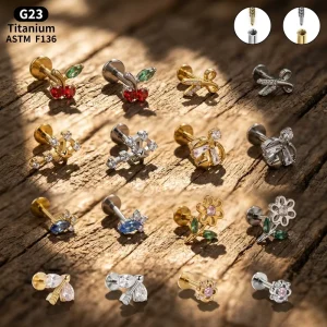 Astm f136 Titanium Zircon Ear Cartilage Stud Zircon Labret Flat Back Earring Body Piercing Jewelry for Women