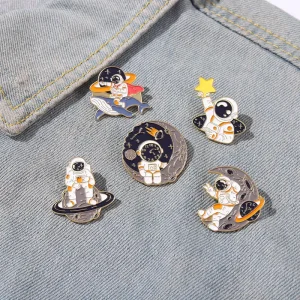 Astronaut Enamel Pins Planet Rocket Whale Star Moon Galaxy Coffee Metal Brooches Badges Pins Gift for Space Lover