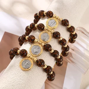 Asu Boho Retro Leopard Print Beaded Bracelet Adjustable Fashion Women Jewelry Trendy Accessories