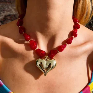 Asu Bold Red Irregular Copper Bead Necklace with Gold Heart Pendant Statement Boho Jewelry for Women Party Gift