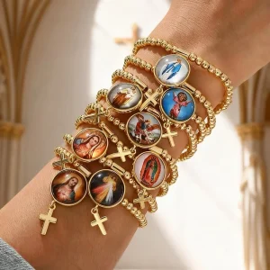 Asu European American Niche Round Portrait Cross Pendant Beaded Bracelet Fashion Women Jewelry