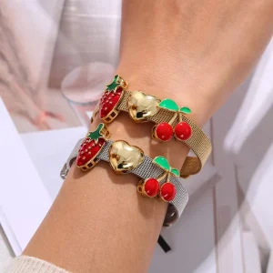 Asu Fruit Charm Bracelet Strawberry Cherry Heart Gold Silver Mesh Adjustable Bangle for Women Y2K Fashion Jewelry Gift