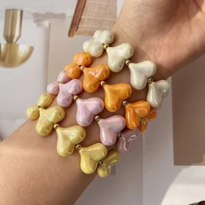 Asu Pastel Macaron Heart Beaded Bracelet with Gold Spacer Beads Acrylic Charm Chain for Women Romantic Gift Fashion Jewelry