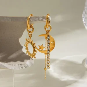 Asymmetric Natural Stone Zircon Hoop Earrings Sun Moon Star Stainless Steel Fashion Earrings