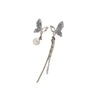 Asymmetrical Butterfly Lightweight Luxury Crystal Imitation Pearl Tassel Drop Earrings Trendy Fashionable Sophistication