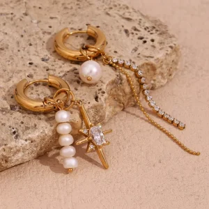 Asymmetrical Freshwater Pearl Zircon Octagonal Star Tassel Chain 316L Stainless Steel Jewelry 18K PVD Gold Earrings