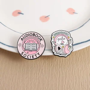 Audiobook Society Enamel Pins Pink Headset Book Lover Theme Lapel Brooch Bag Badge Jewelry